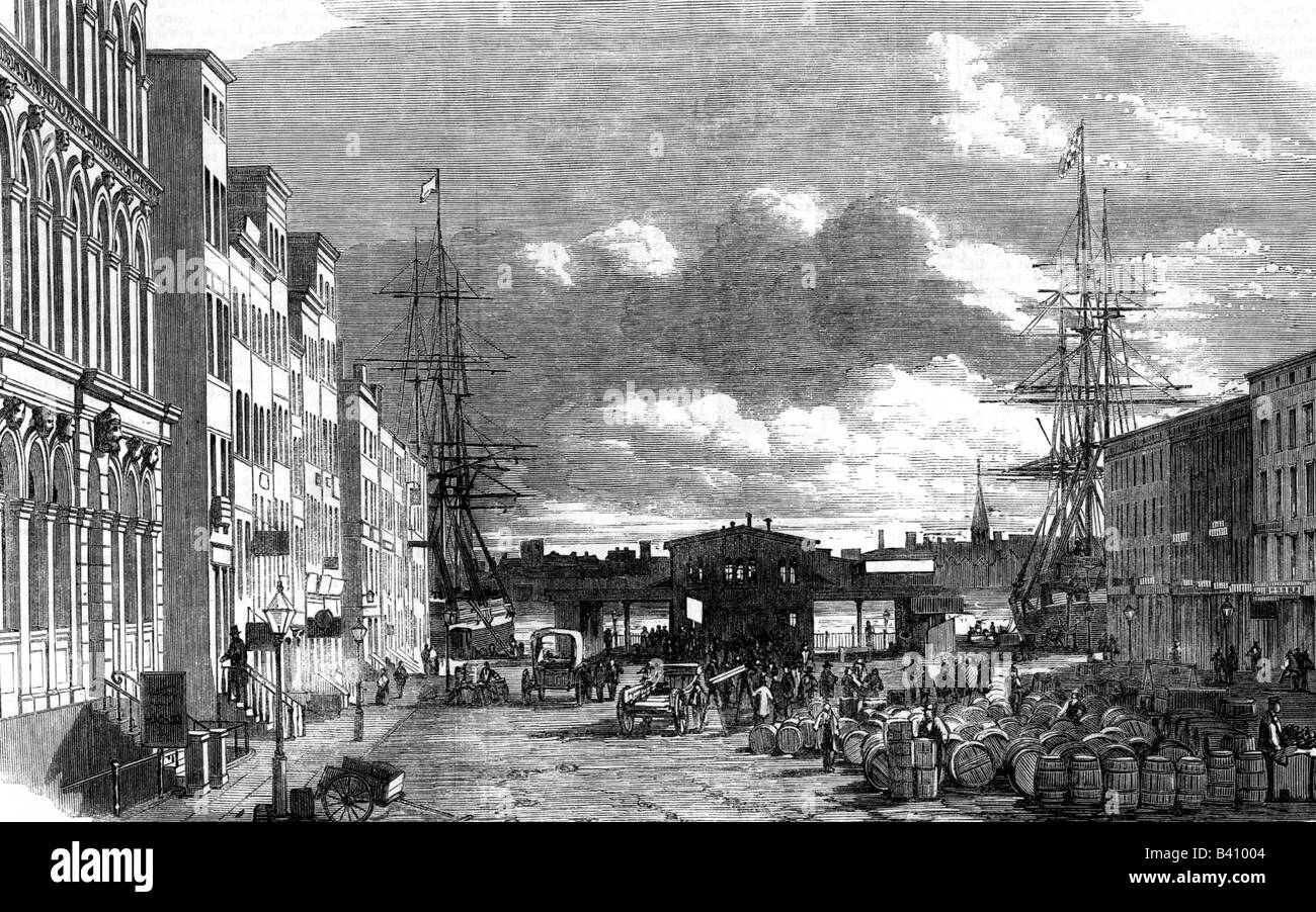 Geografie/Reisen, USA, New York, Straßenszenen, Wall Street, East River im Hintergrund, Gravur, 1860, Stockfoto