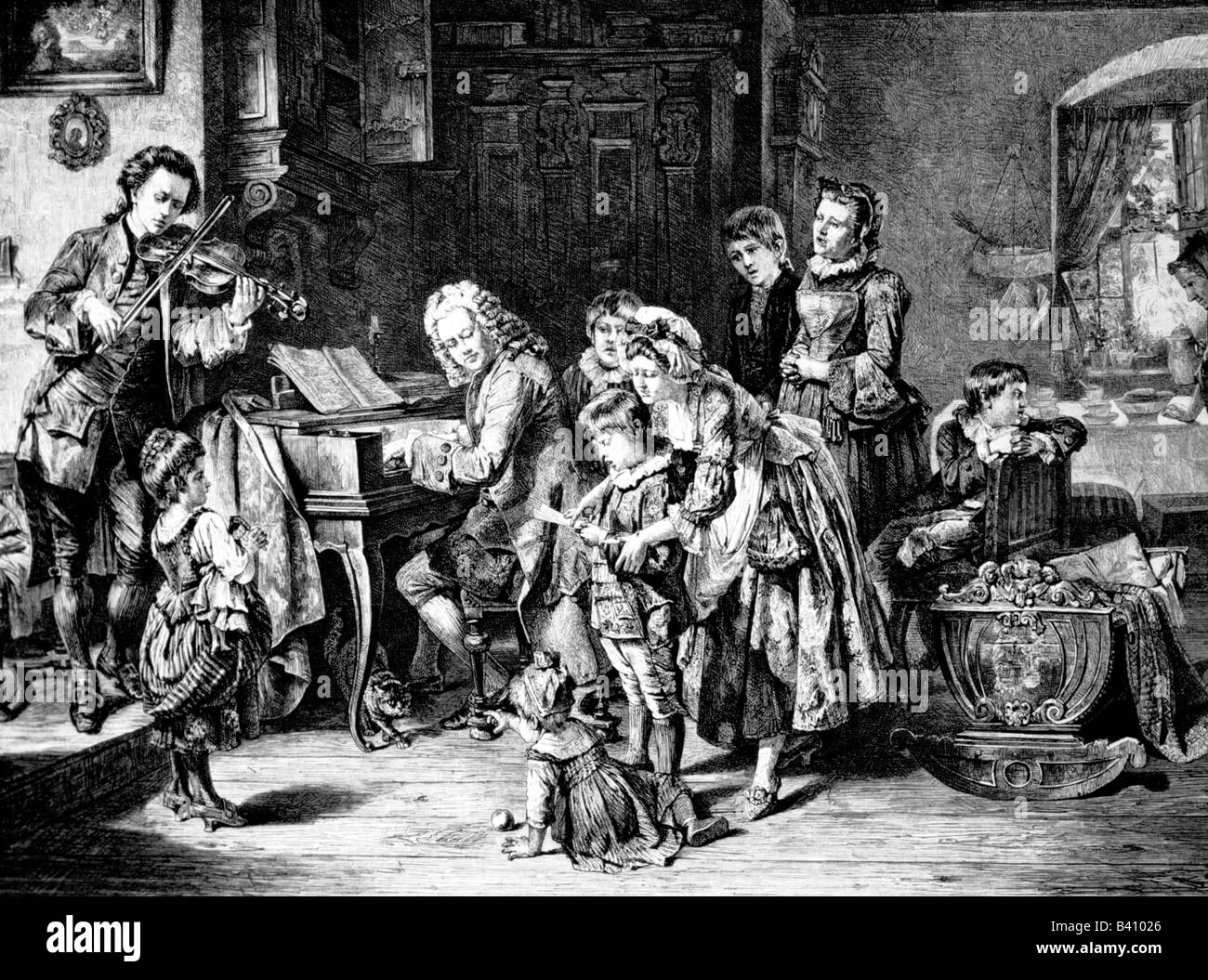 Bach, Johann Sebastian 21.3.1685 - 28.7.1750, deutscher Komponist, Morgengebet mit Familie, Historiengemälde, Holzgravur von Knesing nach Toby Rosenthal (1848 - 1917), Stockfoto