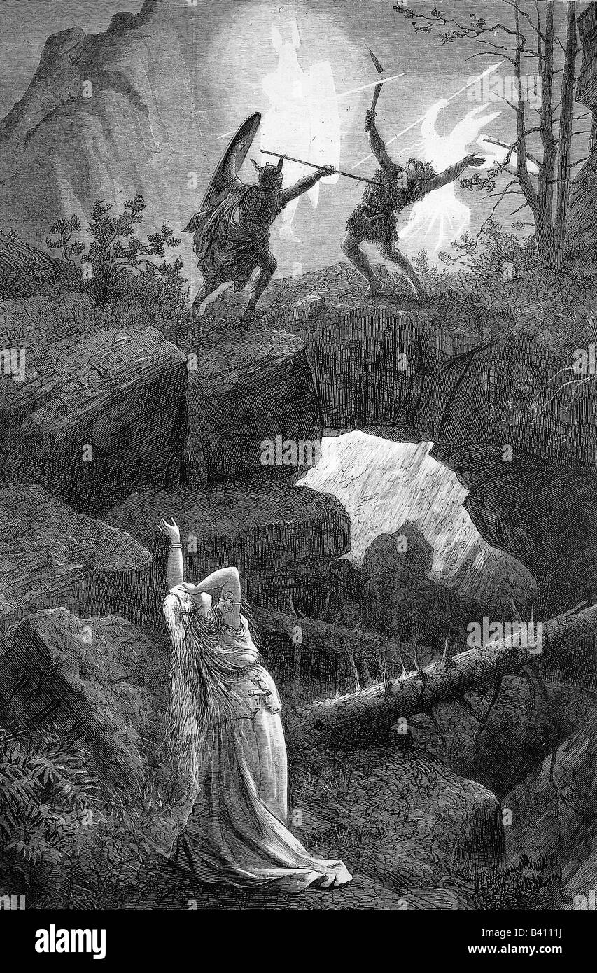 Wagner, Richard, 22.5.1813 - 13.2.1883, deutscher Komponist, Werk, Oper "Valkyrie", aus "Der Ring des Nibelungen" (der Ring des Nibelungen), Szene: Tod von Siegmund, Holzgravur nach Zeichnung von Knut Ekvall, 19. Jahrhundert, Stockfoto