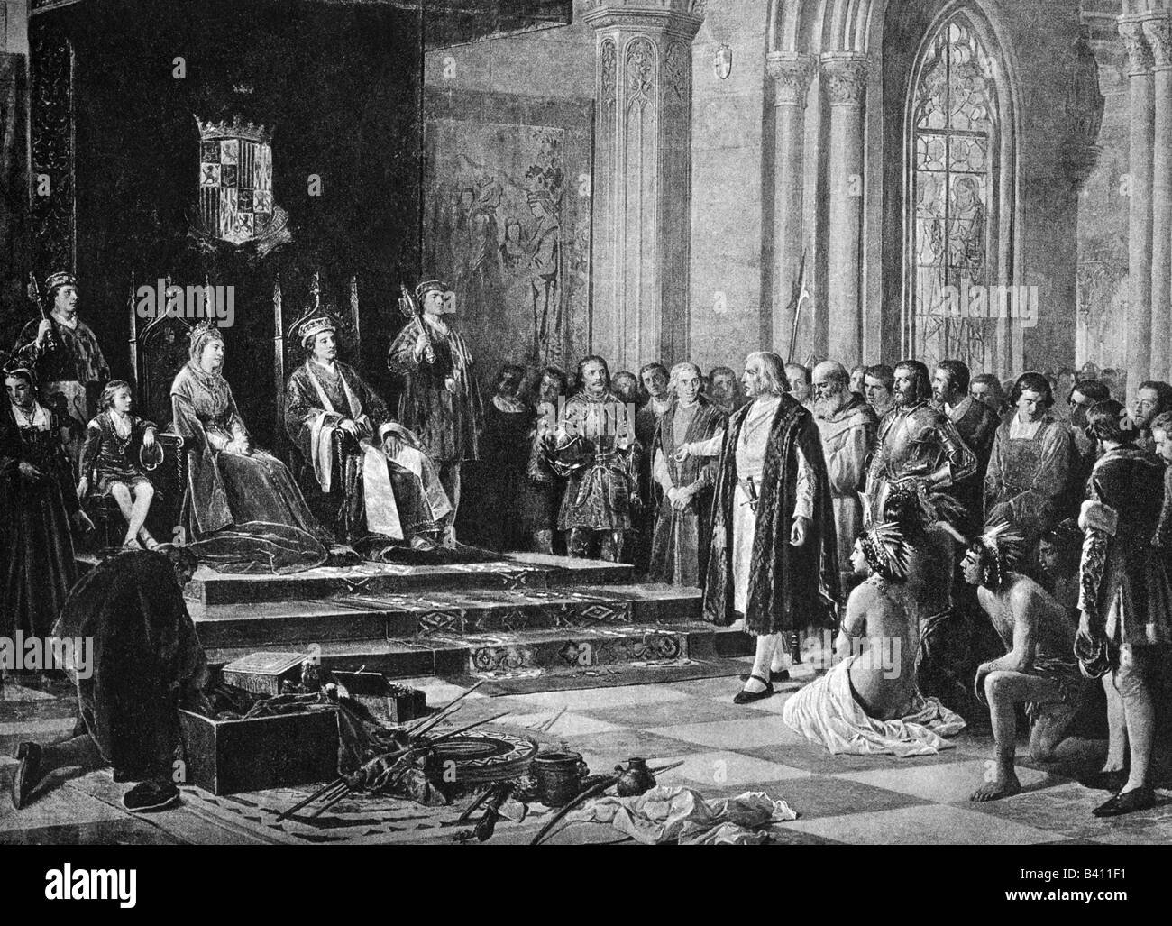 Columbus, Christopher, 1451 - 20.5.1506, Italienisch Explorer, Szene, erste Reise 1492/ 1493, Rückkehr nach Spanien, Empfang am Spanischen Hof, Gravieren, aus dem späten 19. Jahrhundert, Colombo, Doppelpunkt, Colomb, Ferdinand und Isabella von Kastilien, Indianer, Entdecker, weiblich, Frau,, Artist's Urheberrecht nicht geklärt zu werden. Stockfoto