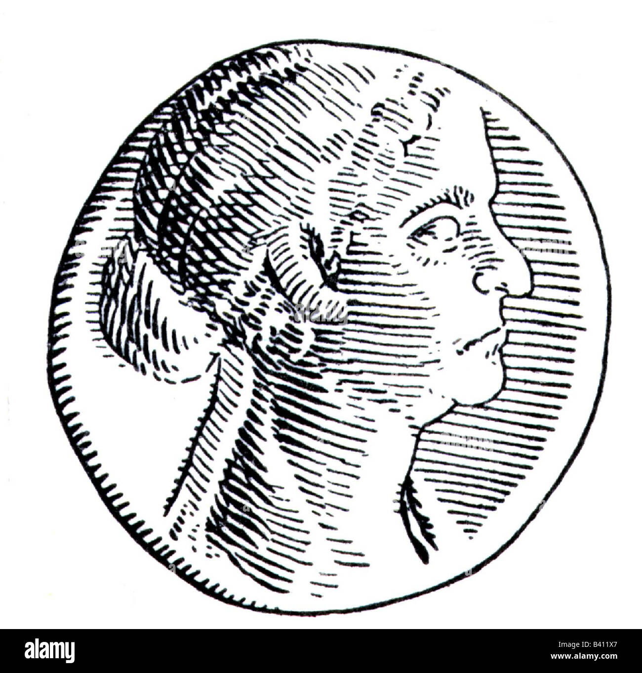 Kleopatra VII. Philopatator "der Große", 69 - 12.8.30 v. Chr., Königin von Ägypten 51 - 30 v. Chr., Porträt, Holzgravur nach antiker Münze, Stockfoto