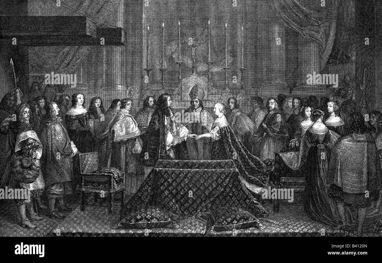 Louis XIV., 5.9.1638 - 1.9.1715, König von Frankreich, 14.5.1643 - 1.9.1715, die Ehe mit Maria Theresia von Spanien, Saint Jean de Luz, 9.6.1660, Kupferstich von Danois,, Artist's Urheberrecht nicht gelöscht werden Stockfoto