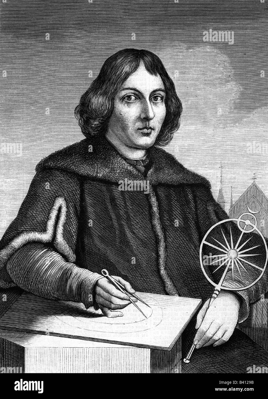 Kopernikus, Nicolaus, 19.2.1473 - 24.5.1543, polnischer Astronom, halbe Länge, mit astronomisches Instrument, Originalgravur nach zeitgleicher Ähnlichkeit, 1873, Stockfoto