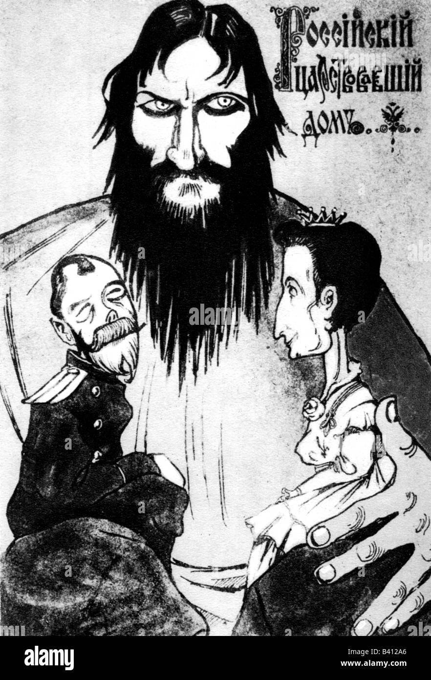 Rasputin, Grigori Yefimovich, 10.1.1869 - 17.12.1916, russischer Geistlicher, Karikatur auf seinen Einfluss auf die kaiserliche Familie, Zeichnung von N. Iwanow, Stockfoto