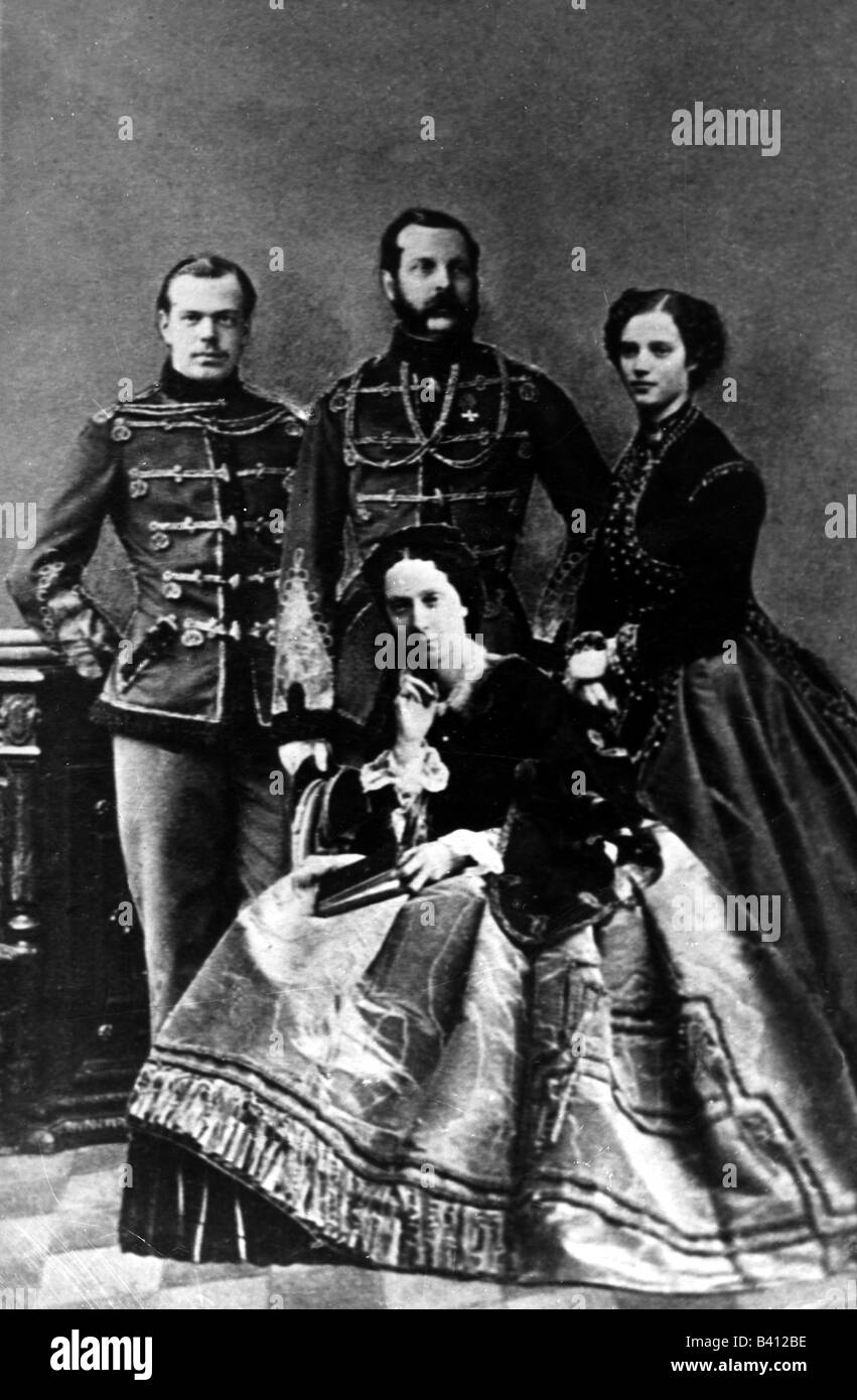 Alexander II. Nikolaevich, 29.4.186 - 13.3.1881, Kaiser von Russland 18.2.1855 - 13.3.1881, Gruppenbild mit Familie, Frau Maria Alexandrowna, Sohn Alexander und Tochter Maria (?), Stockfoto
