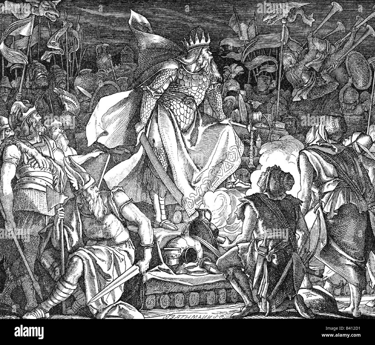 Attila der Hun, 433 - 453, nach der Schlacht von Chalons, 451, Gravur, 19. Jahrhundert, Schlacht auf den Katalaunischen Feldern, Schlacht von Catalun, Europa, Frankreich, Stockfoto