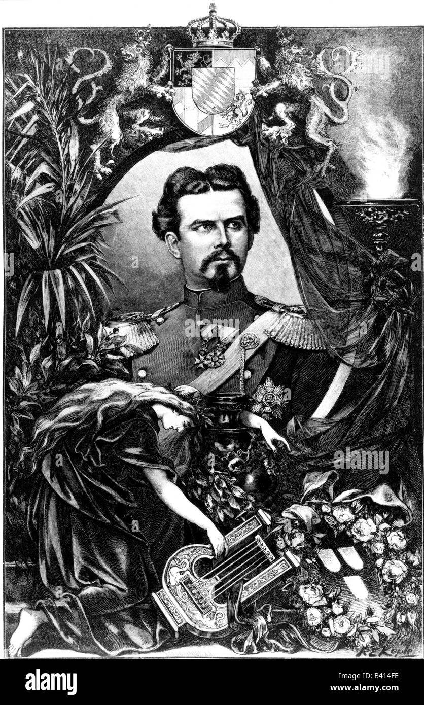 Louis II., 25.8.1845 - 13.6.1886, König von Bayern 10.3.1864 - 9.6.1886, Porträt, Holzgravur nach Zeichnung von R. E. Kepler, 1886-3, Stockfoto
