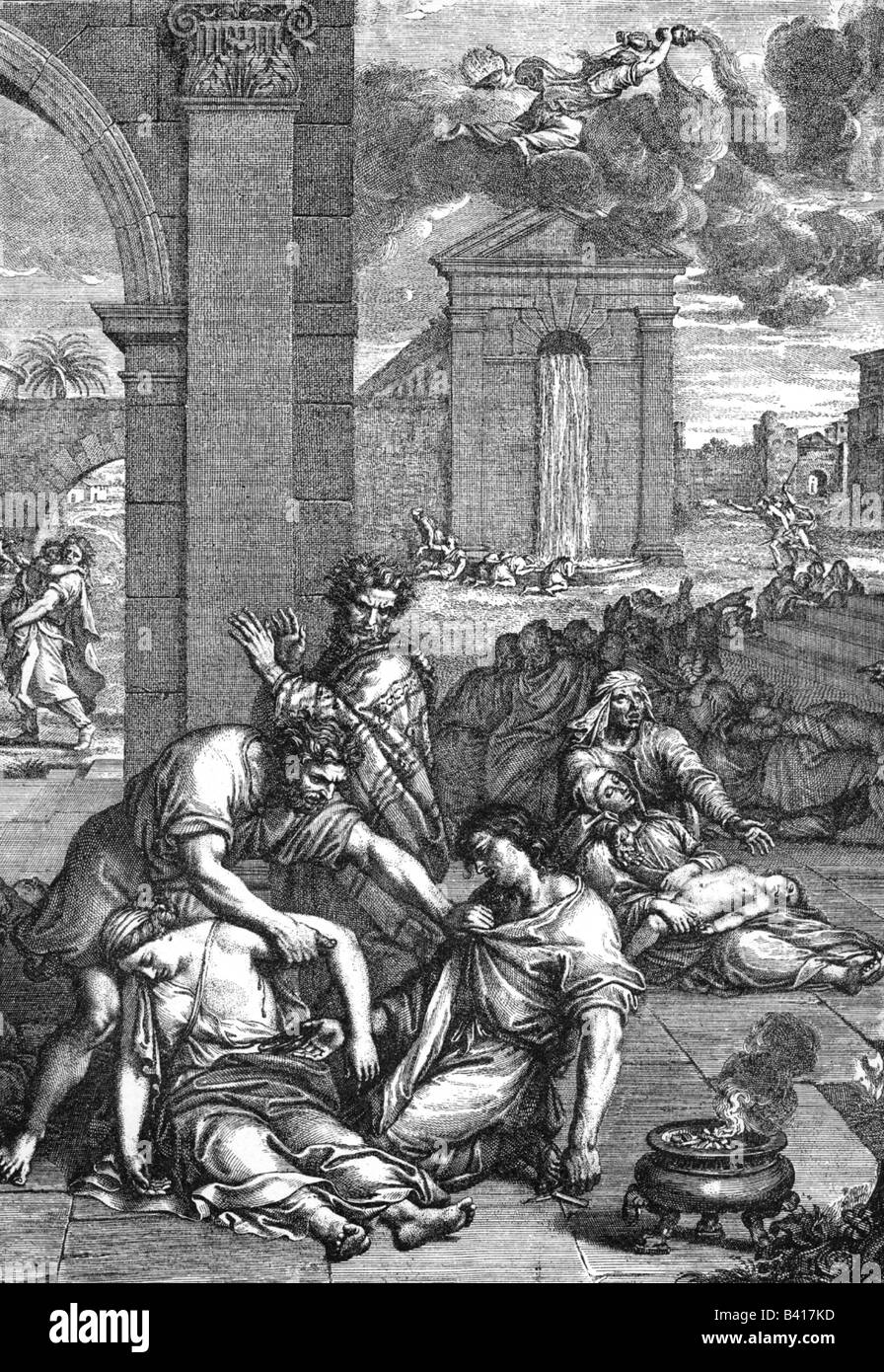Medizin, Krankheit, Plage bei Ägina, Kupferstich nach Pierre Mignard, ca. um 1650, Stockfoto