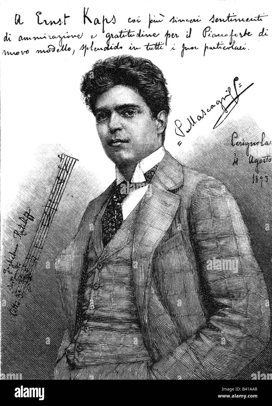 Mascagni, Pietro, 7.12.23 - 2.8.1945, italienischer Komponist, halbe Länge, Ankündigung der Oper "Cavalleria Rusticana", Gravur, 1893, Stockfoto