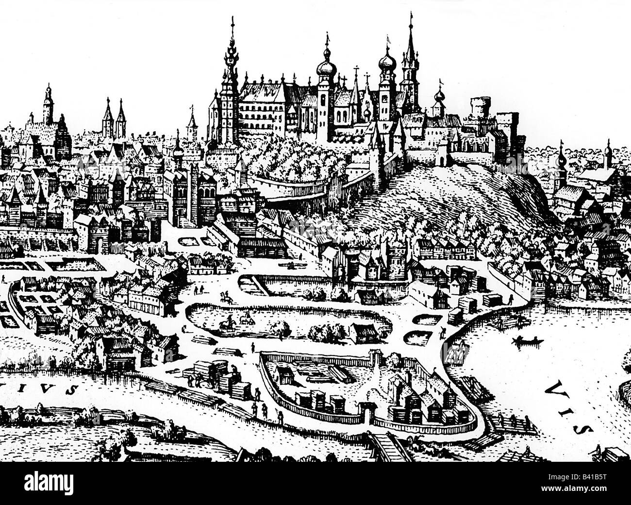 Reisen/Geographie, Polen, Krakau, Stadtbild, Stich von Matthäus Merian, 17. Jahrhundert, historische, historische, Europa, Schloß, Residenz, Krakau, Matthaeus, Matthaus, Artist's Urheberrecht nicht geklärt zu werden. Stockfoto