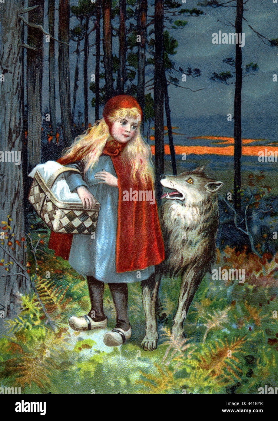 Literatur, Geschichte von 'Kleiner Rotkäppchen', von Gebrüdern Grimm, Kleiner Rotkäppchen und Wolf im Wald, ca. 1910, 20. Jahrhundert, Folktale, Stockfoto
