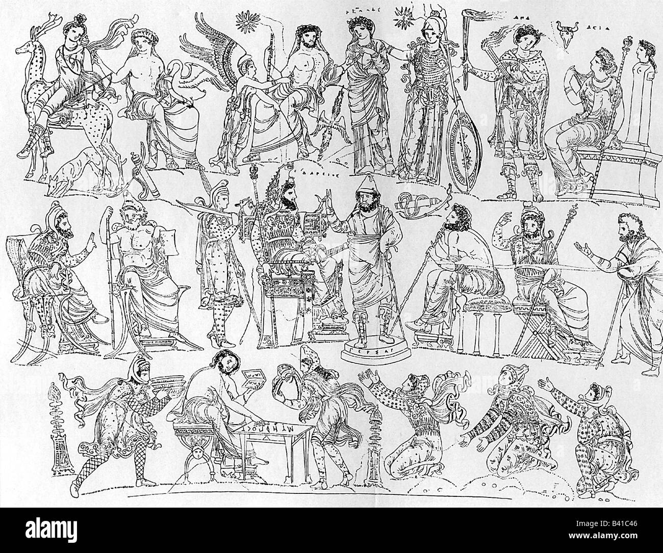 Darius I., 549 - 486 v. Chr., Großkönig von Persien 522 - 486 v. Chr., kriegsrat, Zeichnung, 19. Jahrhundert, nach dem sogenannten Darius Vase, 3. Jahrhundert v. Chr., aus Canosa, Nationalmuseum Neapel, Stockfoto