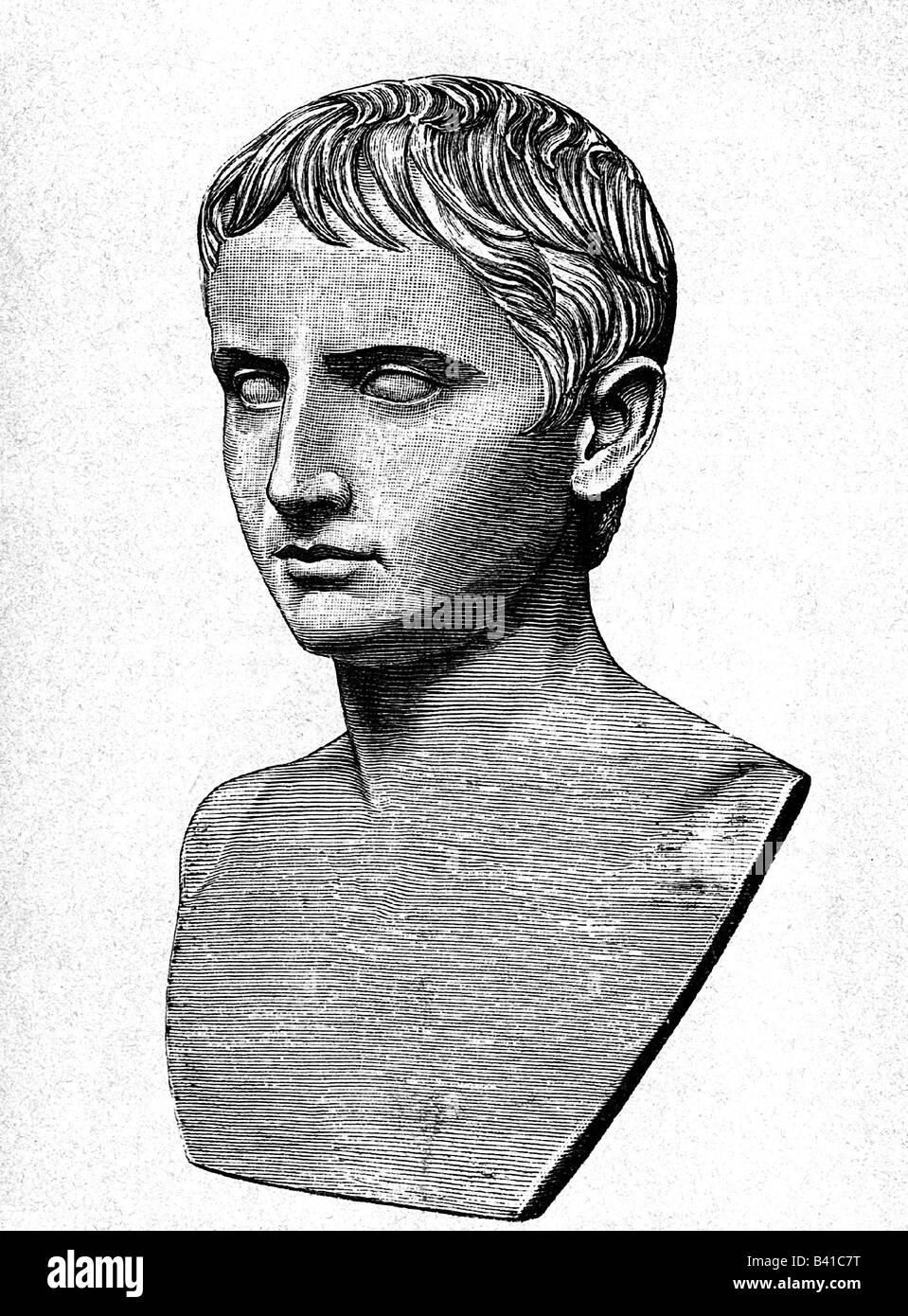 Augustus (Imperator Caesar Augustus), 23.9.63 v. Chr. - 19.8.14 n. Chr., römischer Kaiser 13.1.27 v. Chr. - 19.8.14 n. Chr., Porträt, Holzgravur nach alter Büste, Stockfoto