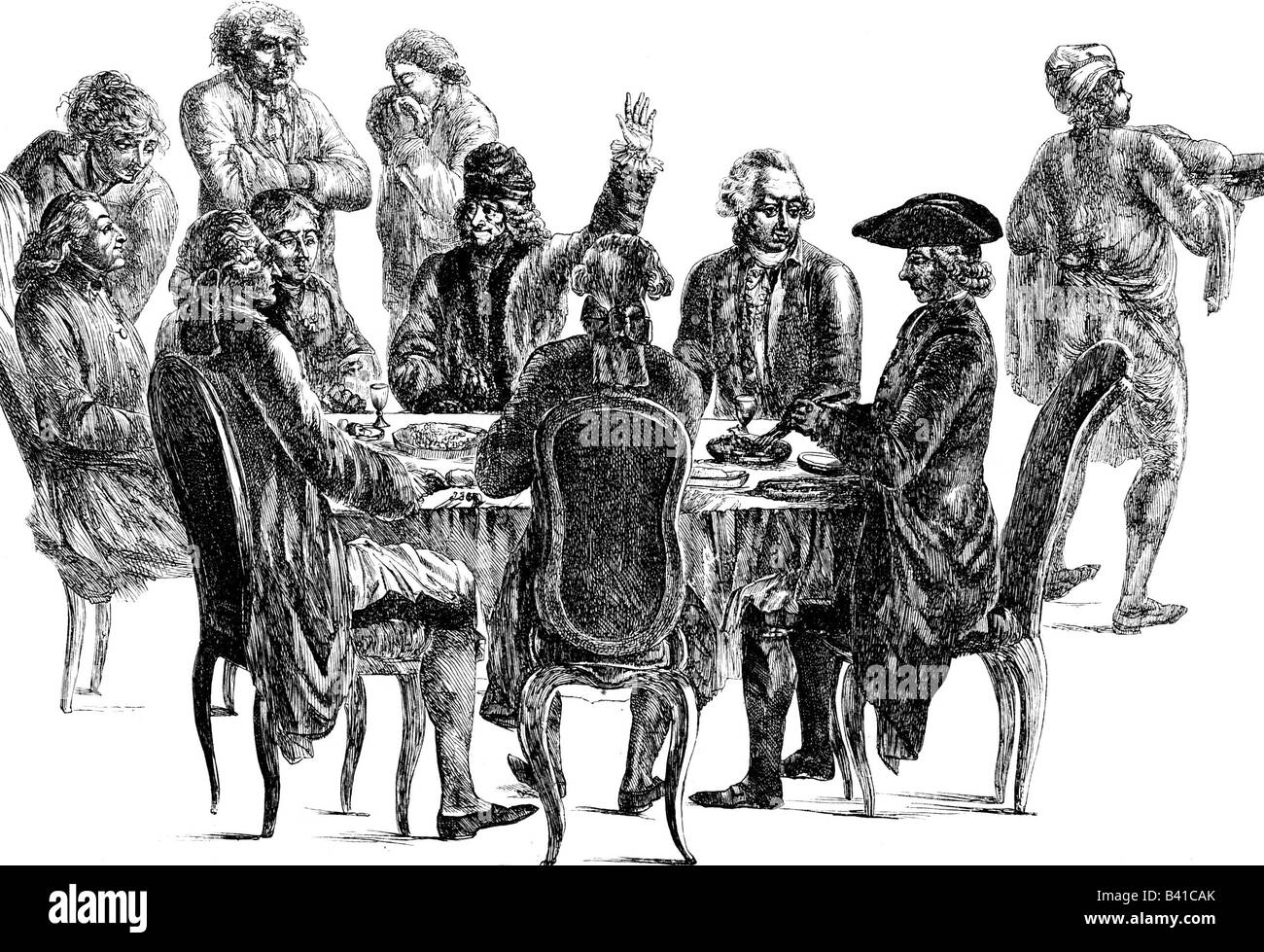Voltaire (Francois Arouet), 21.11.1694 - 30.5.1778, französischer Philosoph, Firma am Tisch, unvollständige Kupferstich von Hubert, Anfang des 18. Jahrhunderts, Artist's Urheberrecht nicht gelöscht werden Stockfoto