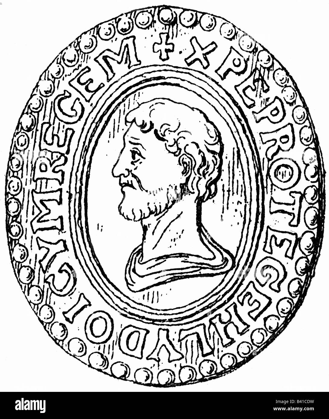 Louis II "der Deutsche", ca. 805 - 28.8.876, ostfränkischer König 20.6.840 - 28.8.876, Porträt nach Siegel, Holzgravur, 19. Jahrhundert, Stockfoto