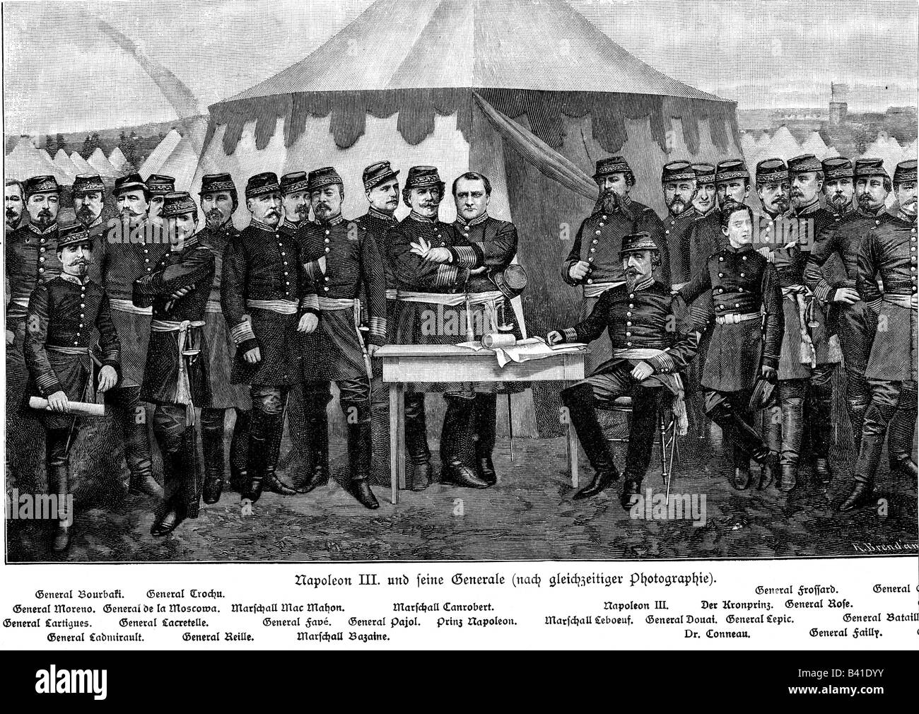 Napoleon III., 20.4.1808 - 9.1.1873, Kaiser der Franzosen 2.12.32-9.1870, mit seinen Generälen, Holzgravur, 1870, Stockfoto