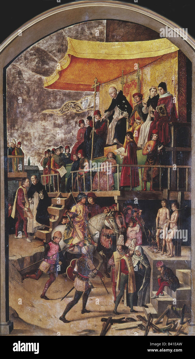 Judikative, Heiliges Amt, öffentliche Konferenz, Gemälde "Autodafe" von Pedro Berruguete (ca. 1450 - 1504), Stockfoto