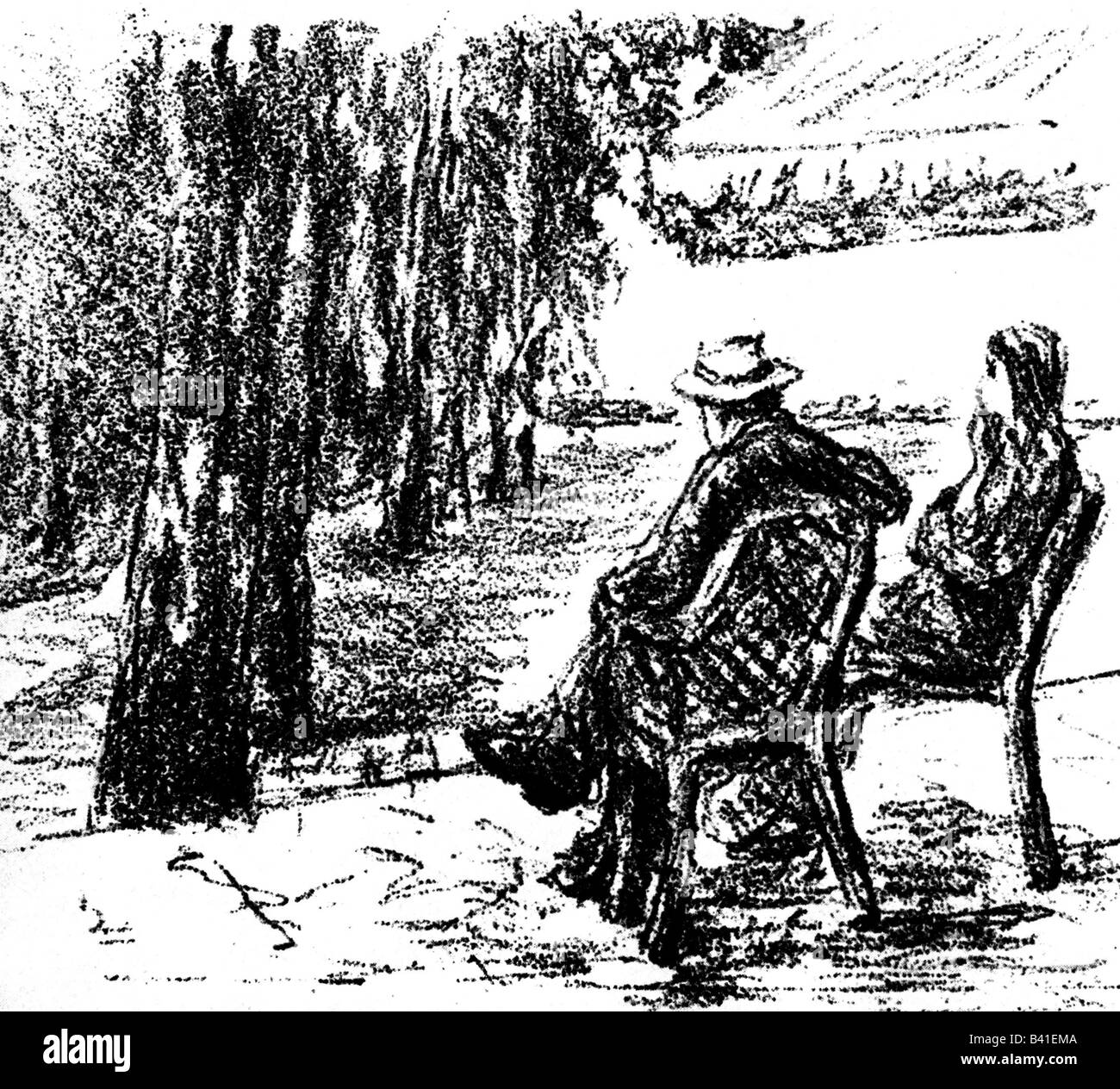 Fontane, Theodor, 30.12.1819 - 20.9.1898, deutscher Autor/Schriftsteller, Dichter, Szene aus dem Roman "Effi Briest", Steinzeichnung von Max Liebermann, 1929, Stockfoto