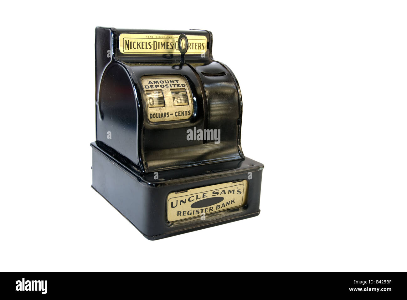 Antikes Spielzeug Kasse isoliert auf weiss Stockfoto