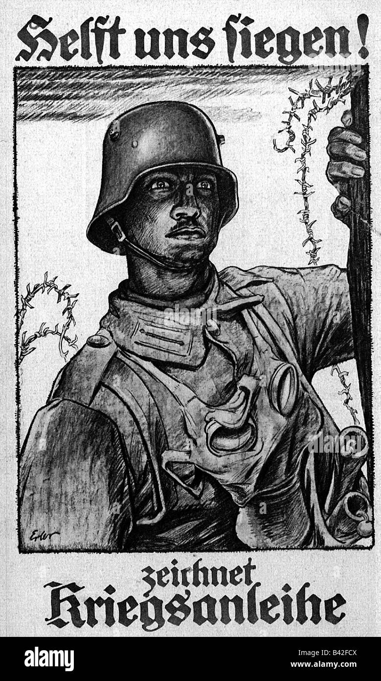 Veranstaltungen, Erster Weltkrieg / erster Weltkrieg, Propaganda, "Helft uns siegen! Zeichnet Kriegsanleihe" (helfen Sie uns, den Krieg zu gewinnen! Kriegsanleihen kaufen), Postkarte, Zeichnung von Erler, Deutschland, ca. 1917, Stockfoto