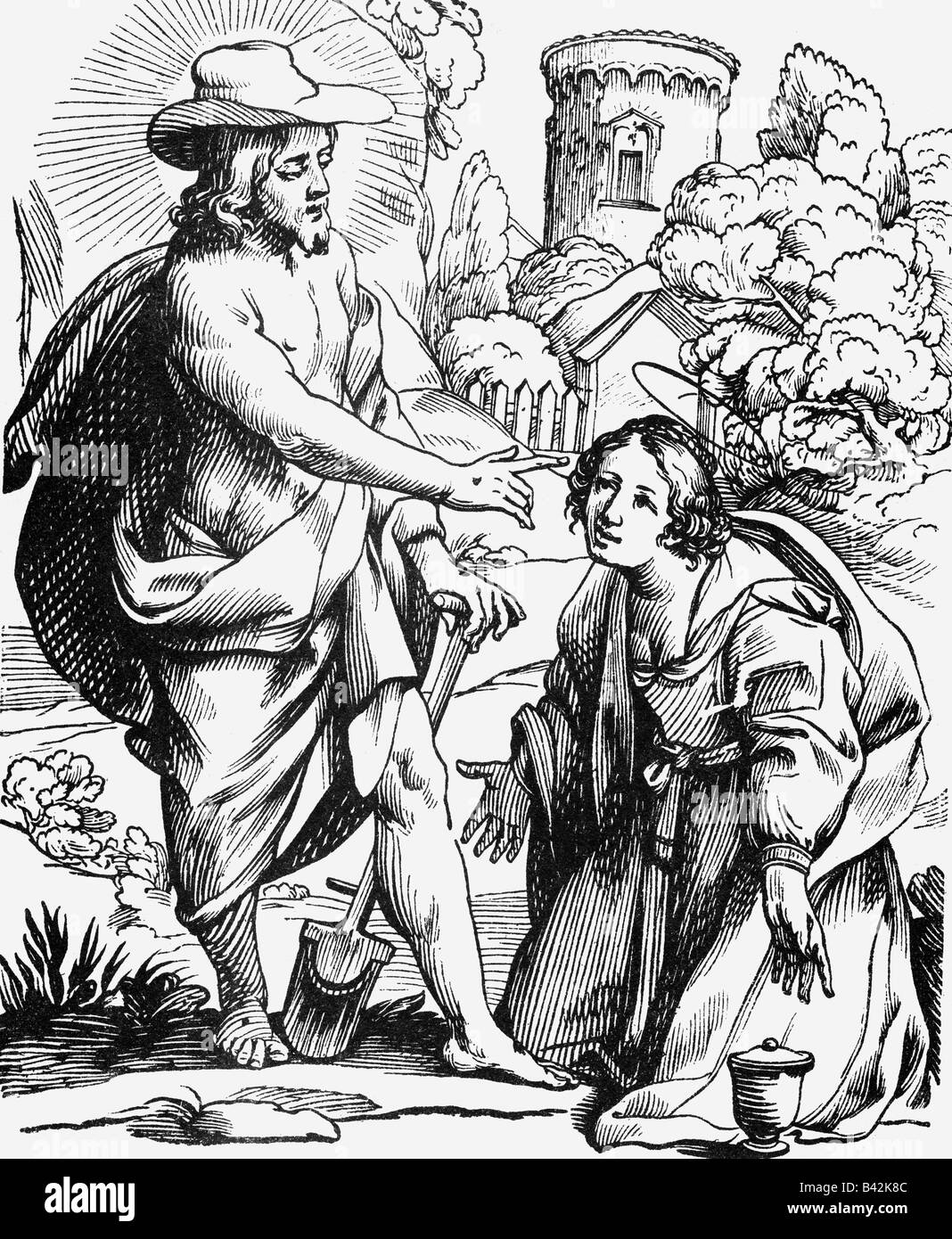 Jesus Christus, voller Länge, Maria Magdalena, Heiliger, Figur aus dem neuen Testamente, halbe Länge, Holzschnitt, von Jacques Stella (1569 - 1657), Frankreich, 17. Jahrhundert, Stockfoto