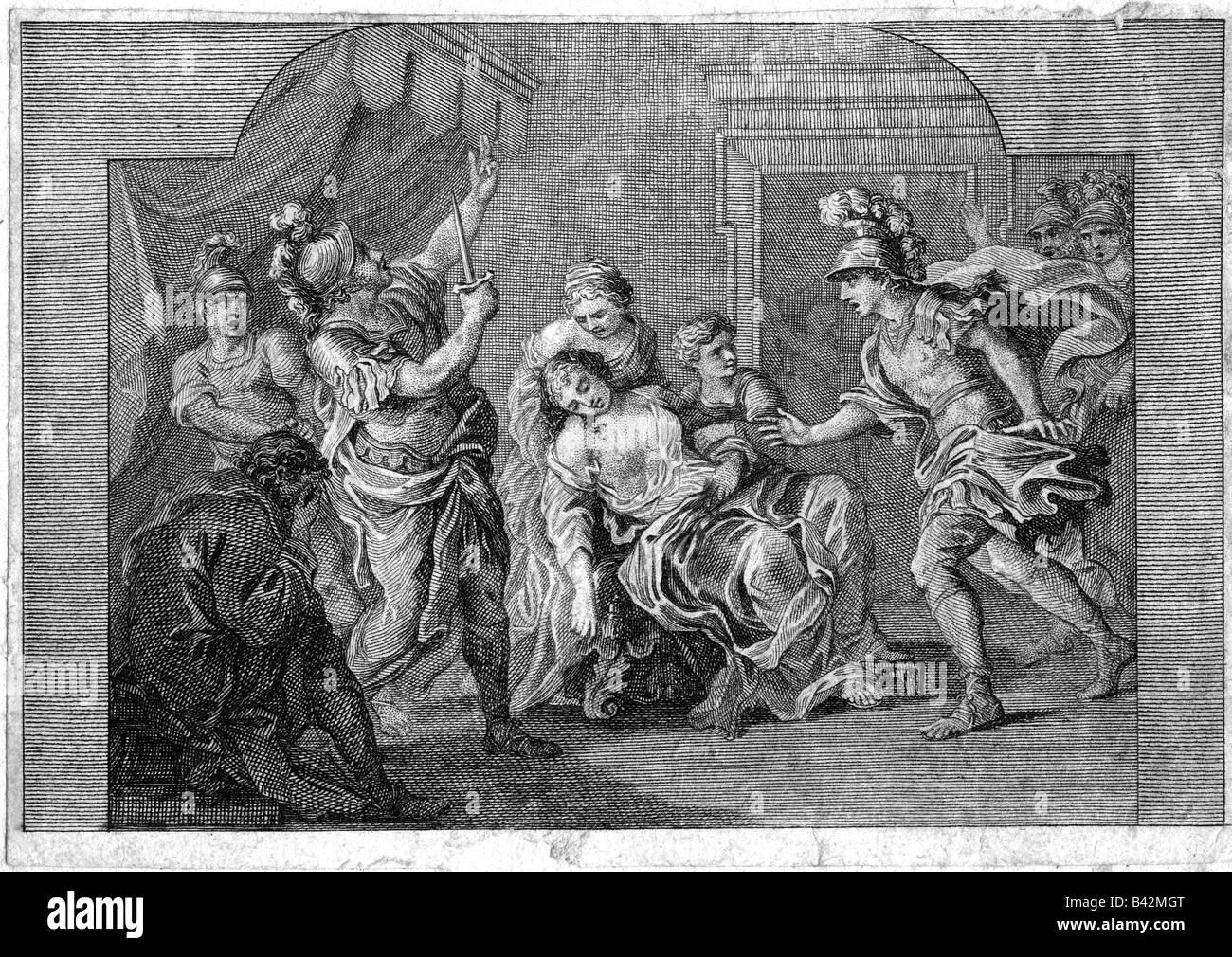 Lucretia, ca. 500 v. Chr., Römische legendären Figur, Tod, Kupferstich aus dem 18. Jahrhundert AD, Mythologie, Rom, Selbstmord, Artist's Urheberrecht nicht gelöscht werden Stockfoto