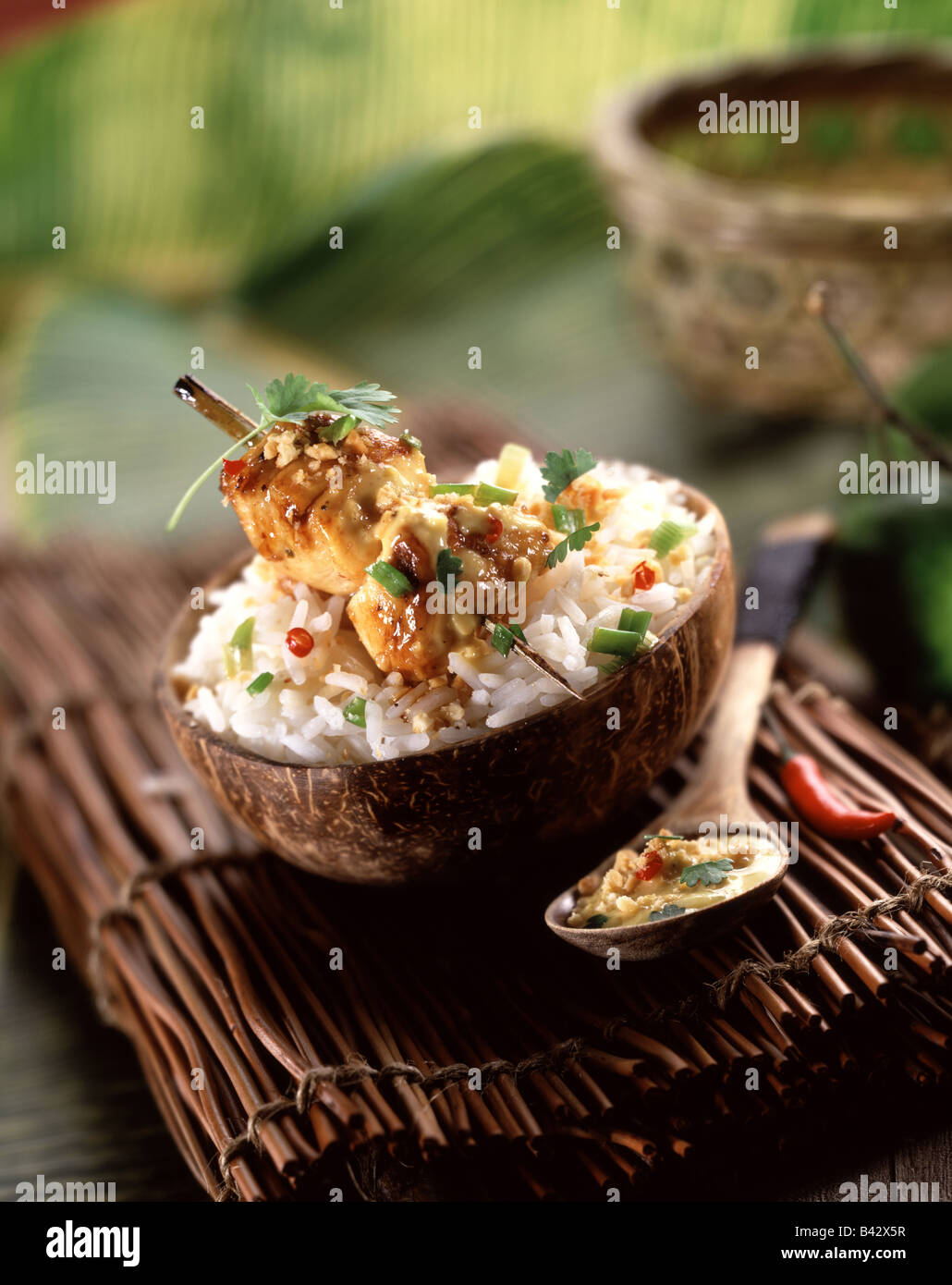 Brochette Huhn mit Kokosmilch Reis in einer Kokosnussschale Stockfoto