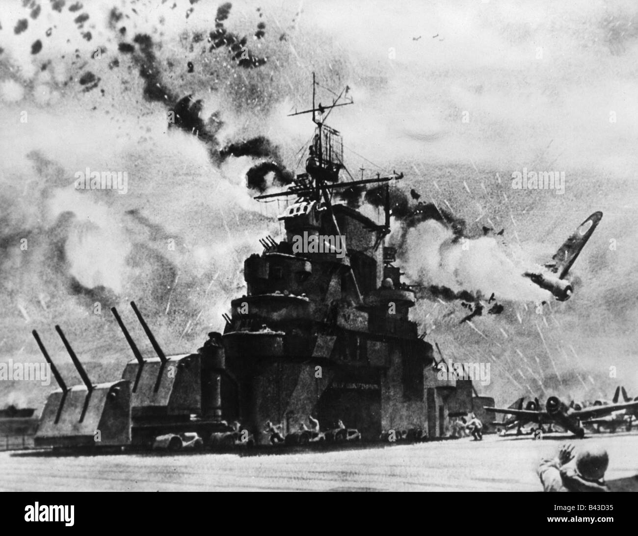 Ereignisse, Zweiter Weltkrieg/Zweiter Weltkrieg, Pazifik, Insel Santa Cruz, japanisches Flugzeug, das den Flugzeugträger "USS Hornet" angreift, wird vom AA-Feuer, 26.10.1942, getroffen, nachdem es von Dwight C. Chepler gemalt wurde, Stockfoto
