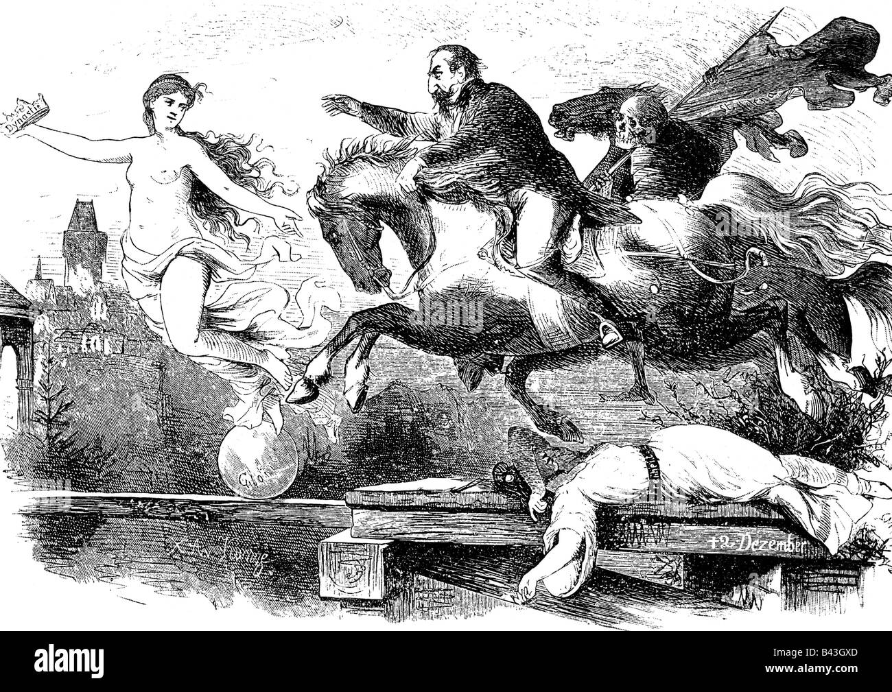 Napoleon III., 20.4.1808 - 9.1.1873, Kaiser der Franzosen 2.12.32-9.1870, Karikatur auf Coup d' Etat 2.12.1851, "Die Jagd nach Glück", Holzgravur nach dem Malen von Henneberg, Stockfoto