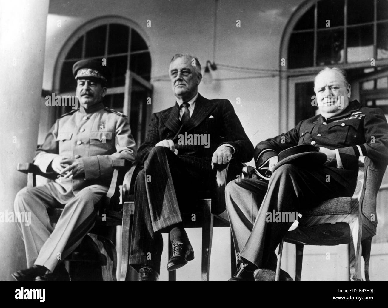 Veranstaltungen, Zweiter Weltkrieg/zweiter Weltkrieg, Konferenzen, Teheran-Konferenz, 28.11.1943 - 1.12.1943, Joseph Stalin (UdSSR), Franklin D. Roosevelt (USA), Winston Churchill (GB), Stockfoto
