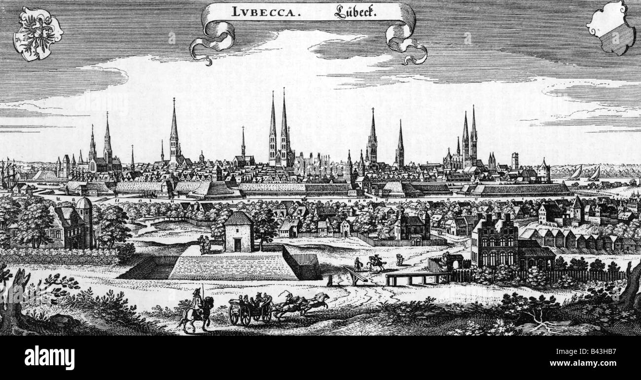Geographie/Reisen, Deutschland, Lübeck, Blick auf die Stadt/Stadtansichten, Stich von Matthäus Merian, "Topographia Germaniae", 1642-1655, Artist's Urheberrecht nicht geklärt zu werden. Stockfoto