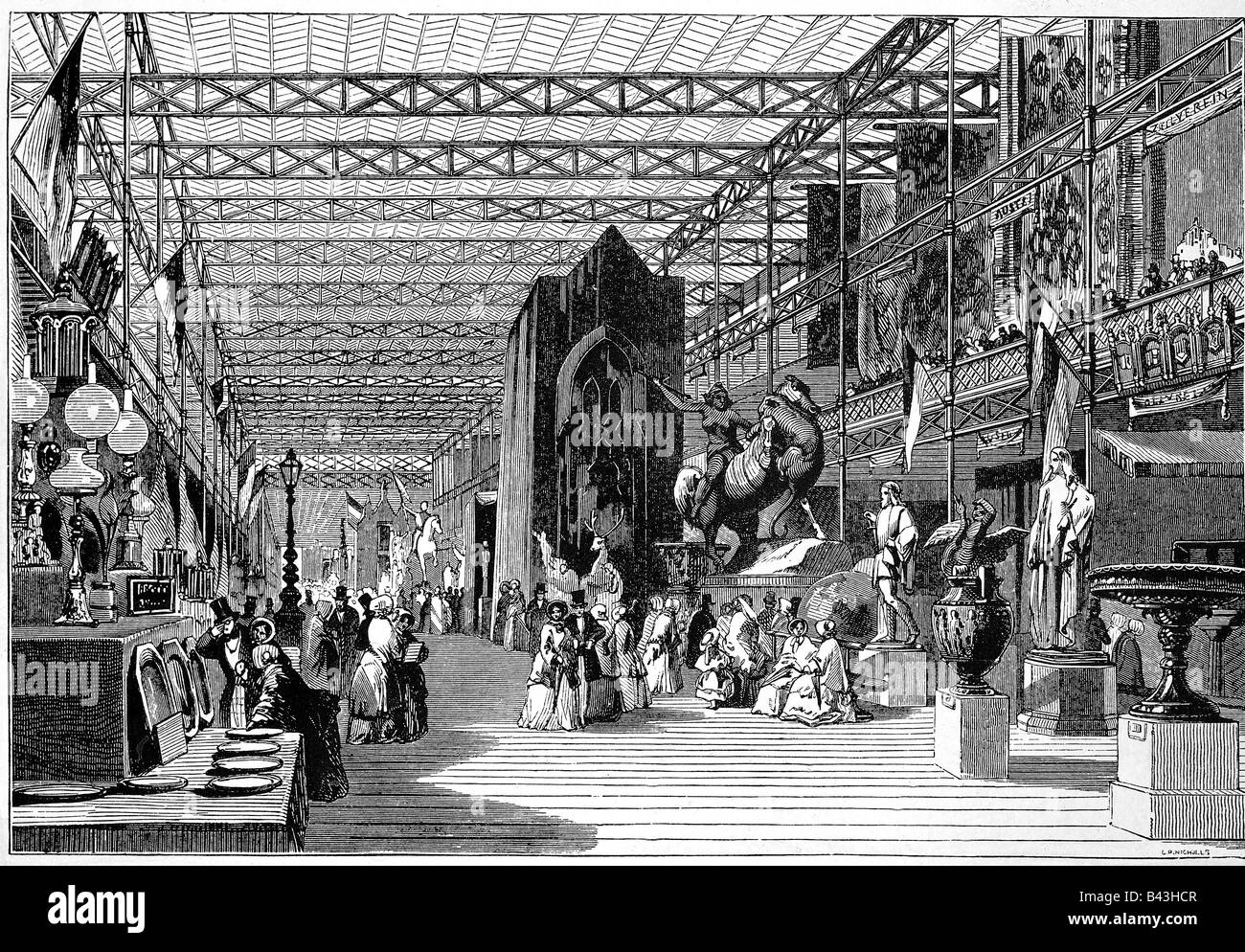 Ausstellung, Weltausstellung London 1851, erste Weltausstellung, östliche Haupthalle, Interieur, Gravur aus 'The Art-Journal', Stockfoto