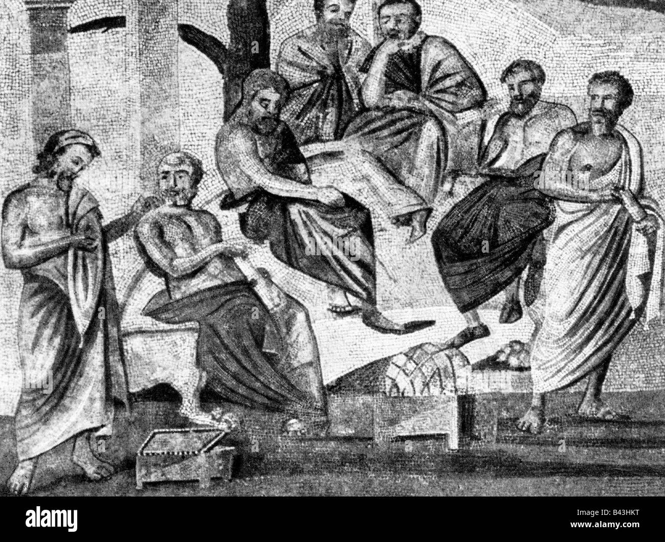 Platon, 427 - 347 v. Chr., der griechische Philosoph, mit seinen Studenten, nach altem Mosaik aus Pompeji, Nationalmuseum Neapel, Italien, Stockfoto