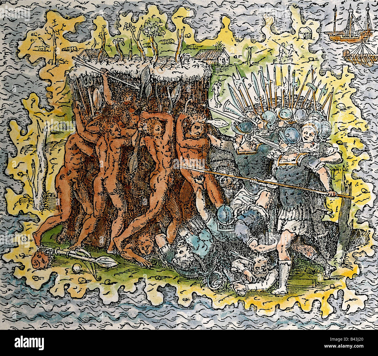 Magalhaes (Magellan) Fernando de, circa 1480 - 27.4.1521, portugiesisch Explorer, Tod auf der Insel Mactan (Philippinen), Kupferstich, koloriert, 1575, Privatsammlung, Artist's Urheberrecht nicht gelöscht werden Stockfoto