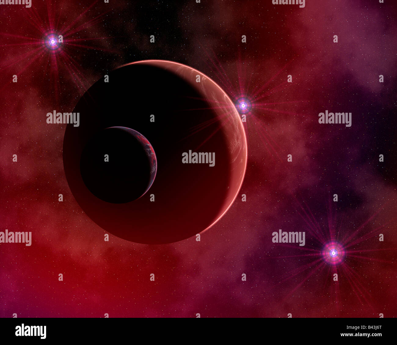 Einen roten Planeten innerhalb eines Nebels, erleuchtet durch junge Sterne. Stockfoto