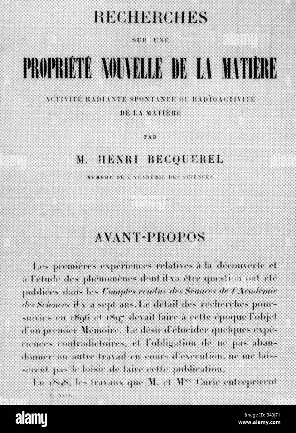 Becquerel, Antoine Henri, 15.12.1852 - 25.8.1908, französischer Physiker, Werk "Recherche sur une propriete nouvelles de la matiere", 1903, Cover, Stockfoto