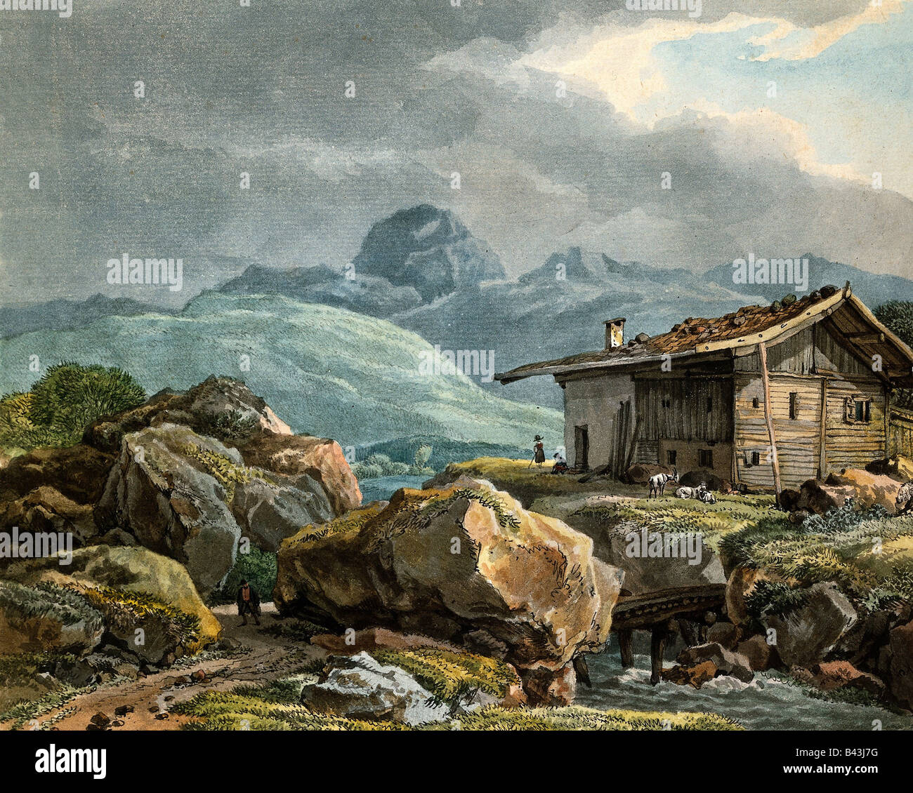 Bildende Kunst -, Wilhelm von Kobell (1766 - 1855), Malerei, "Berghof am Bergbach", Aquarell, um 1830, 18,7 x 23,2 cm, Privatsammlung, Artist's Urheberrecht nicht geklärt zu werden. Stockfoto