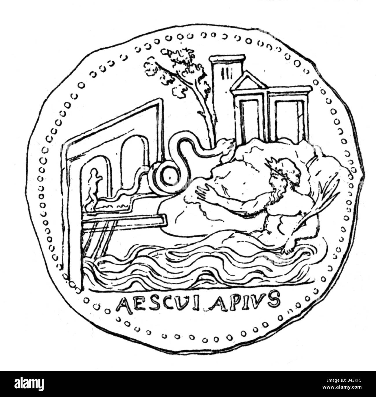 Asklepios, griechischer Gott der Medizin, in voller Länge, Eintrag bei Rom, Illustration an Bronze Medaillon des Kaisers Commodus, 3. Jahrhundert, Stockfoto