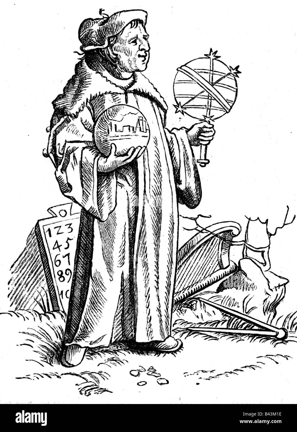 Die Astrologie, der Astrologe, die Karikatur, die von Hans Holbein dem älteren zum "Lob der Folly" von Erasmus von Rotterdam, 1510, gezogen wurde, Stockfoto