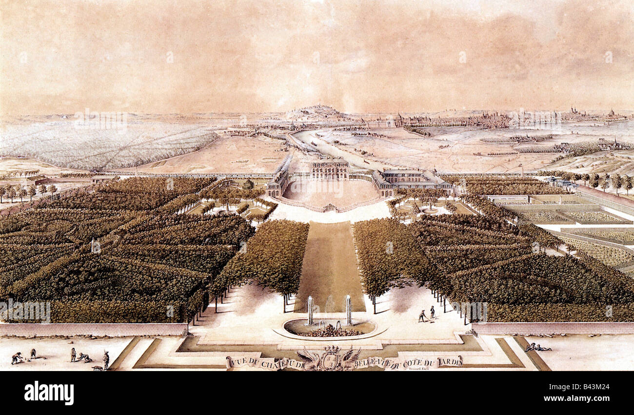Geographie/Reise, Frankreich, Schlösser, Schloss Bellevue, Außenansicht, Gemälde von Simon Brougard, Stift-und-Tusch-Zeichnung, 18. Jahrhundert, Musee de Versailles, historisch, seit 1748 in Besitz von König Ludwig XV., erbaut 1748 - 1750 von Jacques-Ange Gabriel & Lassurance, Garten, Rokoko, Park, Brunnen, Ancien Regime, Meudon, Absolutismus, Menschen Stockfoto