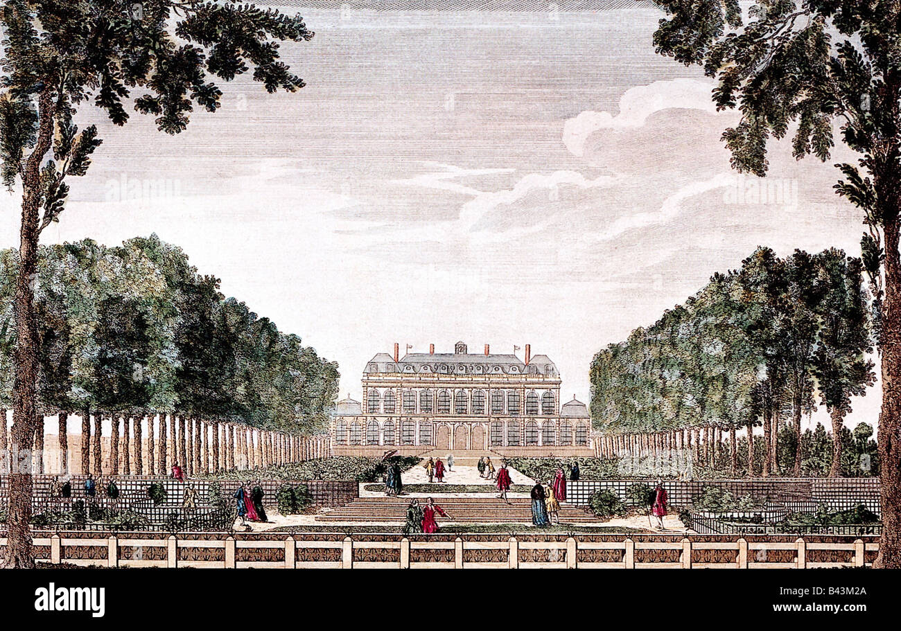 Geographie/Reise, Frankreich, Schlösser, Hotel DS Évreux, (heute Elysée-Palast, Paris), Außenansicht, Garten, anonym farbige Gravur, gedruckt von Daumont, 18. Jahrhundert, historisch, 1718 - 1720 von Armand Claude Mollet für Henri de la Tour DS Auvergne Comte DS Evreux, 1750-1764 im Besitz von Jeanne Antoinette de Poisson Marquise de Pompadour, Garten, Park, Architektur, Barock, Schloss, Bäume, Menschen, Stockfoto