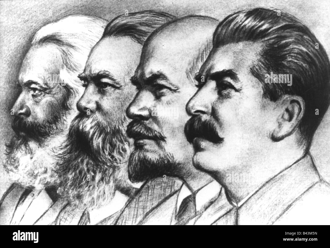 Politik, Kommunismus, Karl Marx, (1818-1883), Friedrich Engels, (1820-1895), Wladimir Lenin, (1870-1924), Josef Stalin, (1878-1953), Profile, Zeichnen, Marxismus, Leninismus, Stalinismus, historisch, historisch, vier, 4, Stockfoto