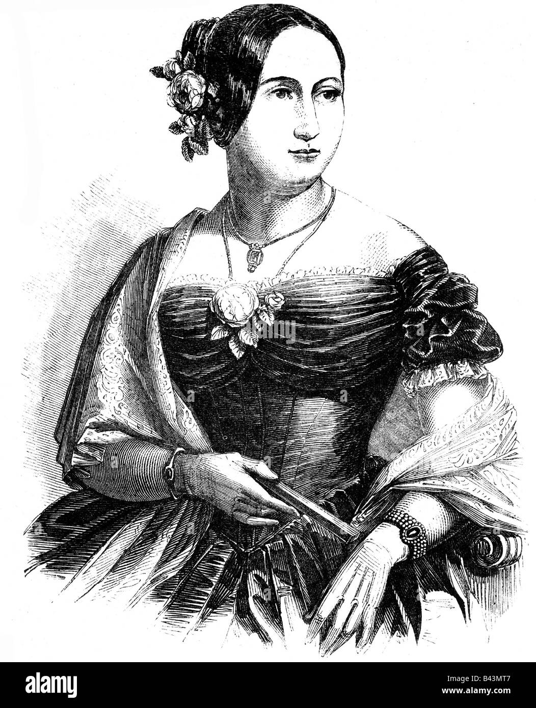 Maria II. "Da Gloria", 4.4.1819 - 15.11.1853, Königin von Portugal 5.5.1826 - 30.6.188 und 26.5.1834 - 15.11.1853, halbe Länge, Holzgravur, 1846, Stockfoto