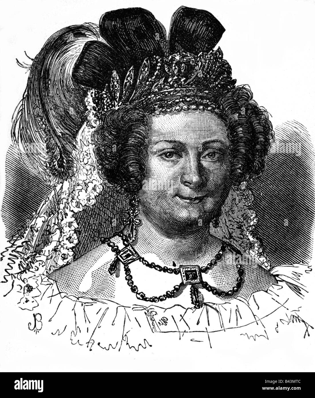 Maria Christina, 27.4.1806 - 23.8.1878, Königin Consort von Spanien 11.12.1829 - 29.9.1834, Porträt, Holzgravur von Sewerini, ca. um 1835, Stockfoto