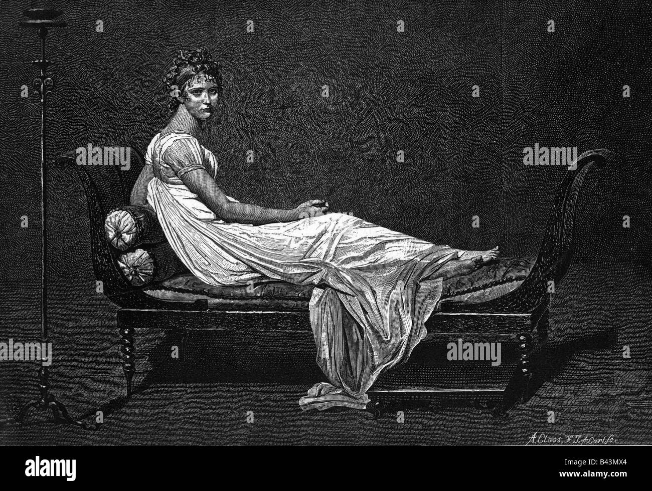 Recamier, Jeanne Francoise 4.12.767 - 11.5.1849, französische Autorin/Schriftstellerin, Holzgravur nach der Malerei von David, 19. Jahrhundert, Stockfoto