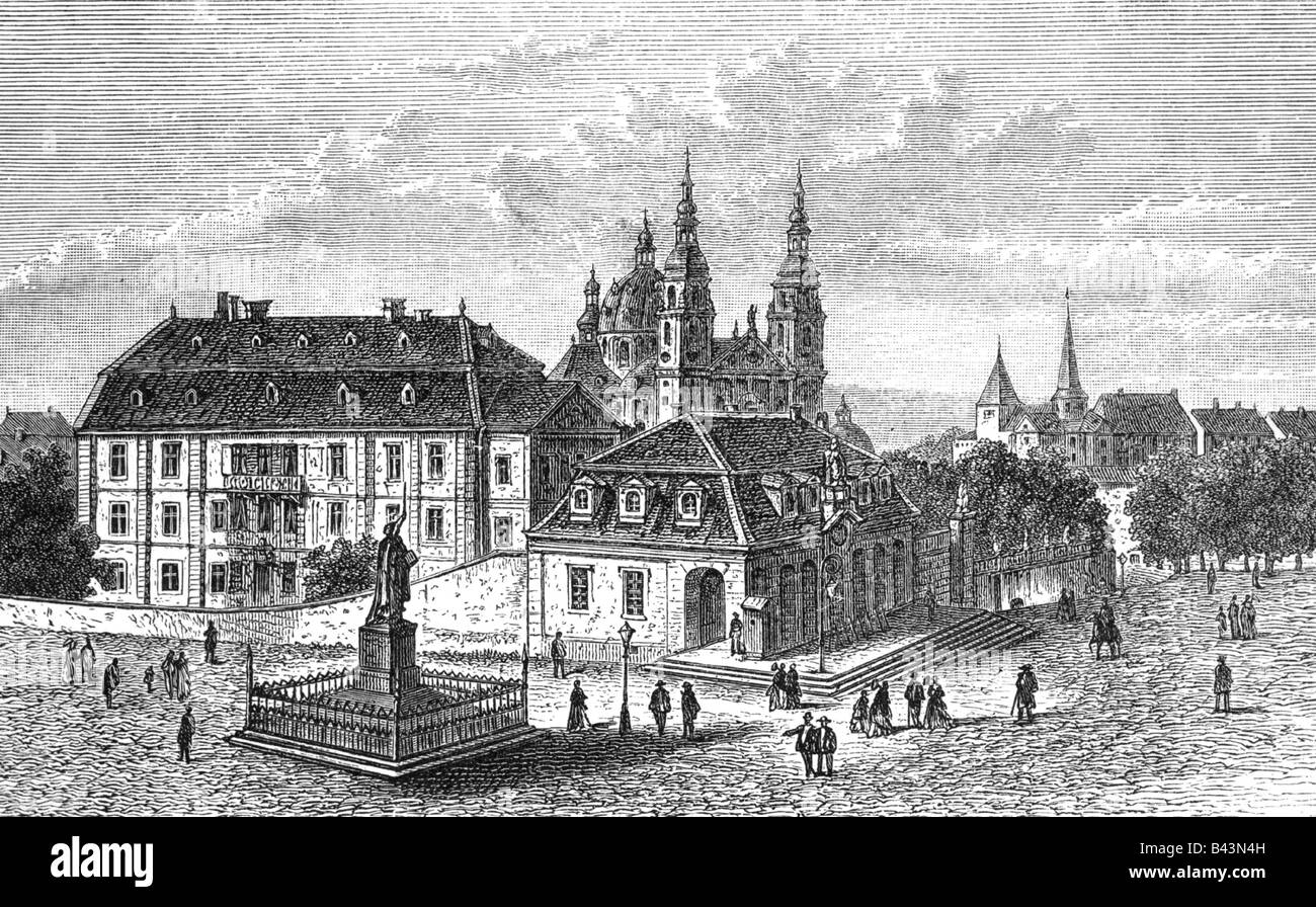 Geografie/Reise, Deutschland, Fulda, Plätze, Schlossplatz mit Denkmal für den Heiligen Bonifatius, (erbaut wurde er im Jahre 1842), Gravur, 1893, Stockfoto
