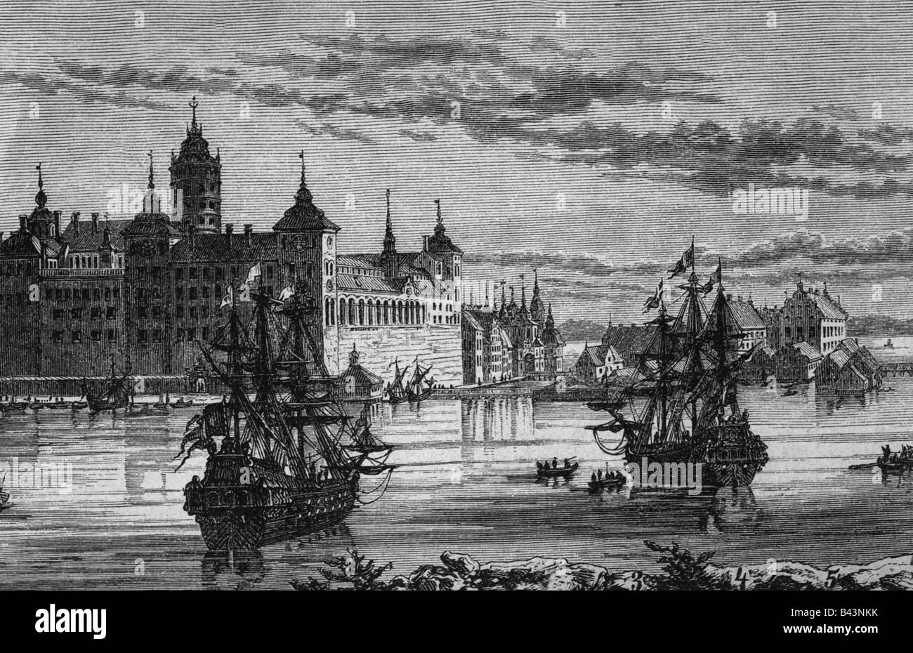 Geographie/Reisen, Schweden, Stockholm, Königliches Schloss, Anfang des 17. Jahrhunderts, Gravur, 19. Jahrhundert, historisch, historisch, Europa, Schiffe, Marine, Kriegsschiff, Navigation, Menschen, Stockfoto