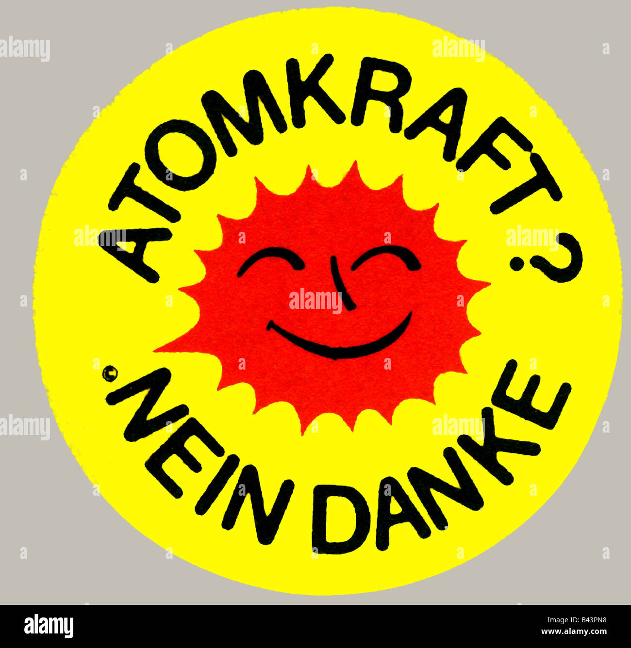 Embleme, Aufkleber, "Atomkraft? Nein Danke', (Atomkraft? Nein Danke!), ca. 1980, Bürgerinitiative, Rhein-Main-Neckarraum, 1975 - 1988, Protest, Politik, Deutsch, Deutschland, Atomkraftwerk, Biblis, Hessen, Stockfoto