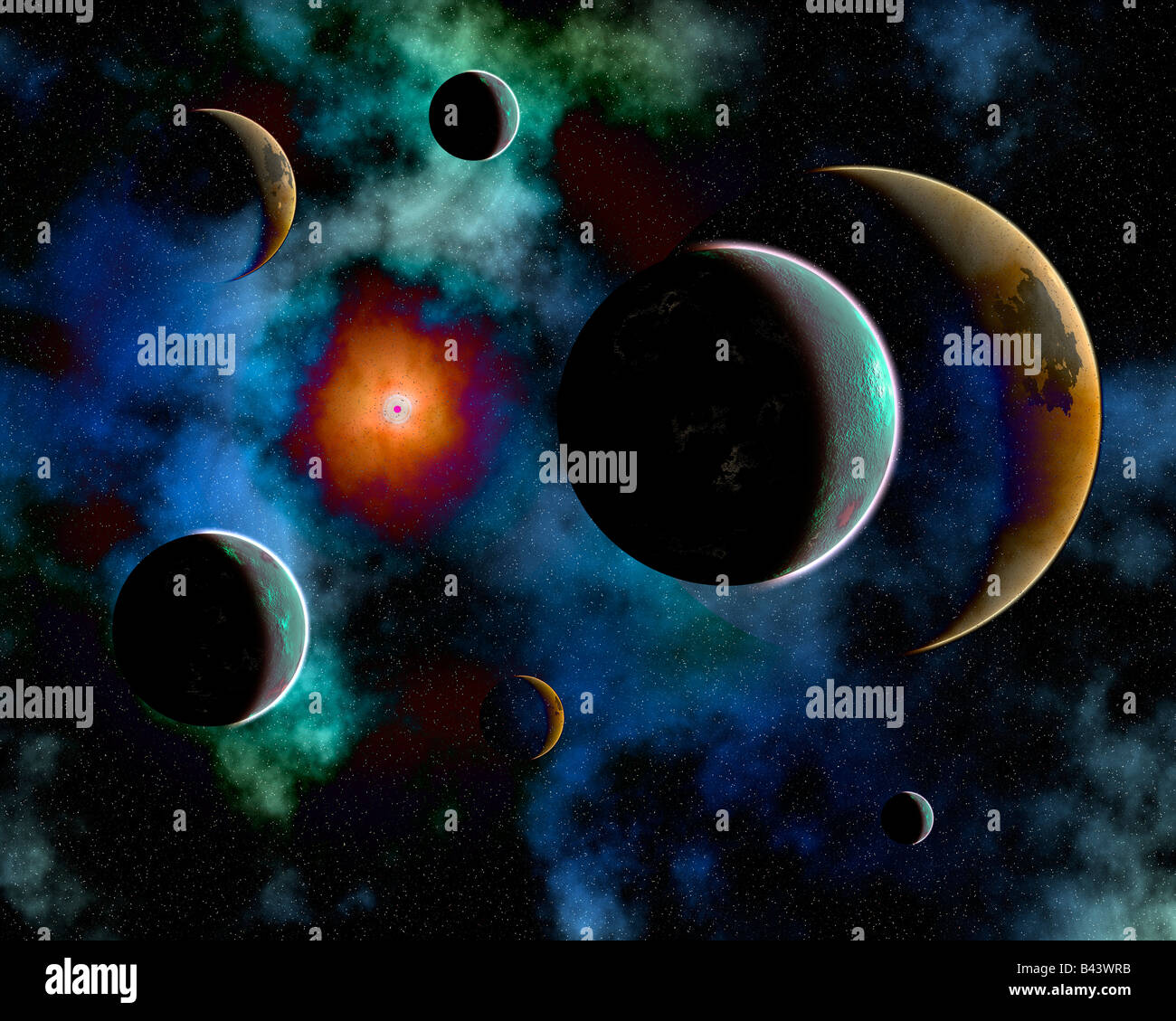 Planeten umkreisen die Sonne, an der Kante von A gasförmige Nebel, Stockfoto