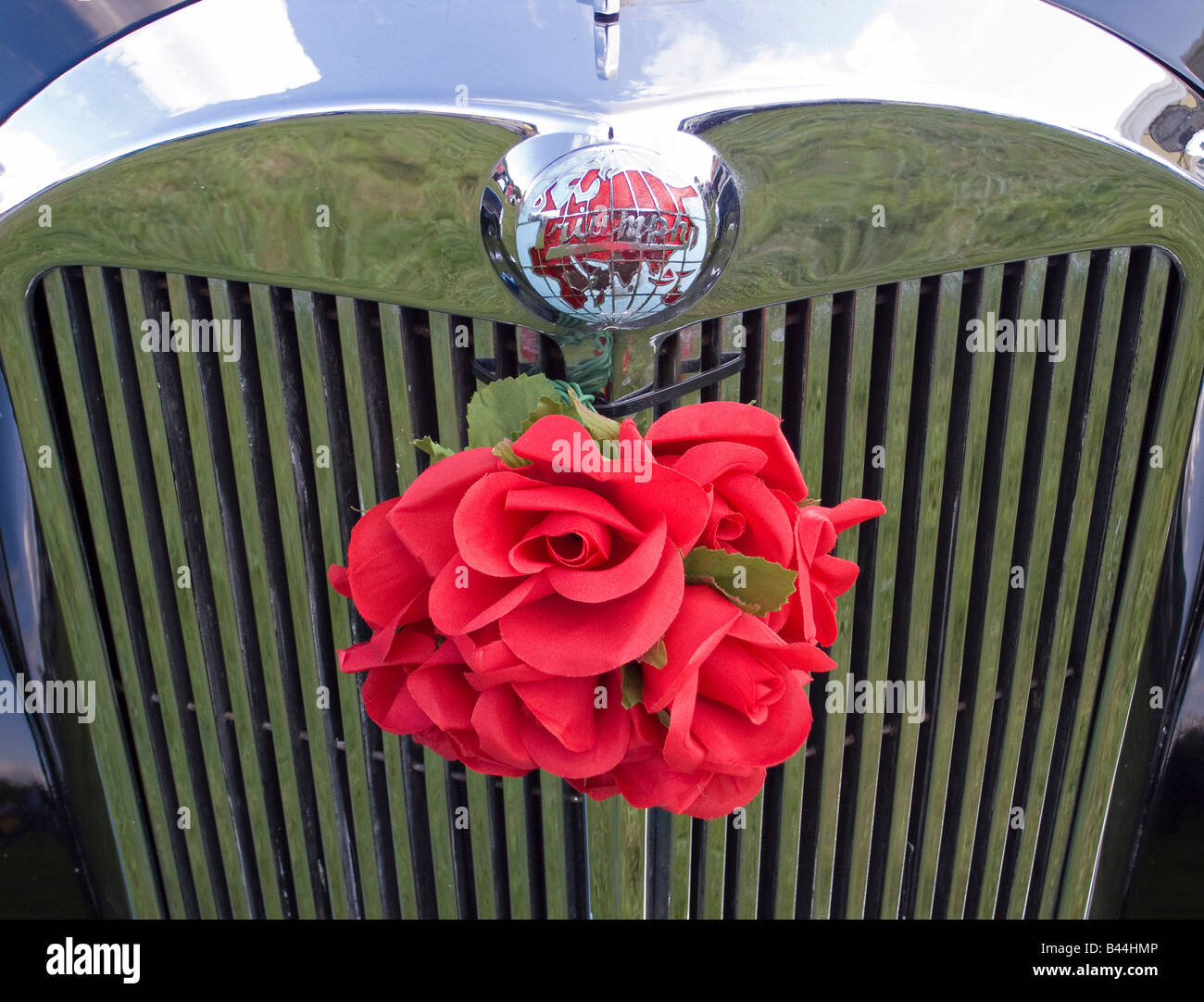 Der Frontgrill eines Triumph-Mayflower-Wagens von 1950, der für eine Hochzeit mit falschen roten Blumen verziert ist Stockfoto